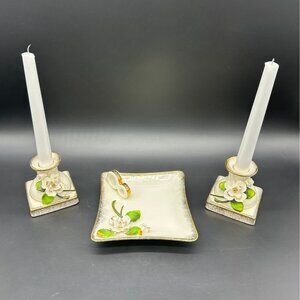 Vintage Candle Holders Tray Console Set Floral Lefton Japan White Flowers Mid Ce